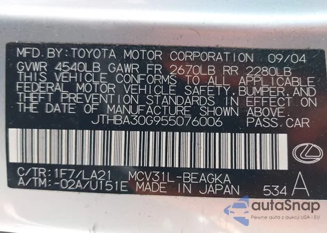 2005 Lexus Es 330 from USA, damaged, VIN JTHBA30G955076006